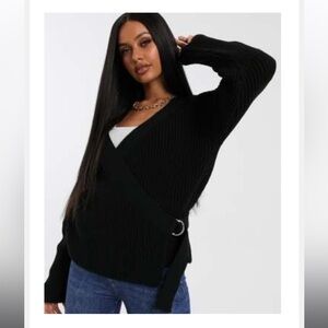 Missguided D-Ring Wrap Cardigan Black Knit Side Tie Cozy Slouch Cardigan
